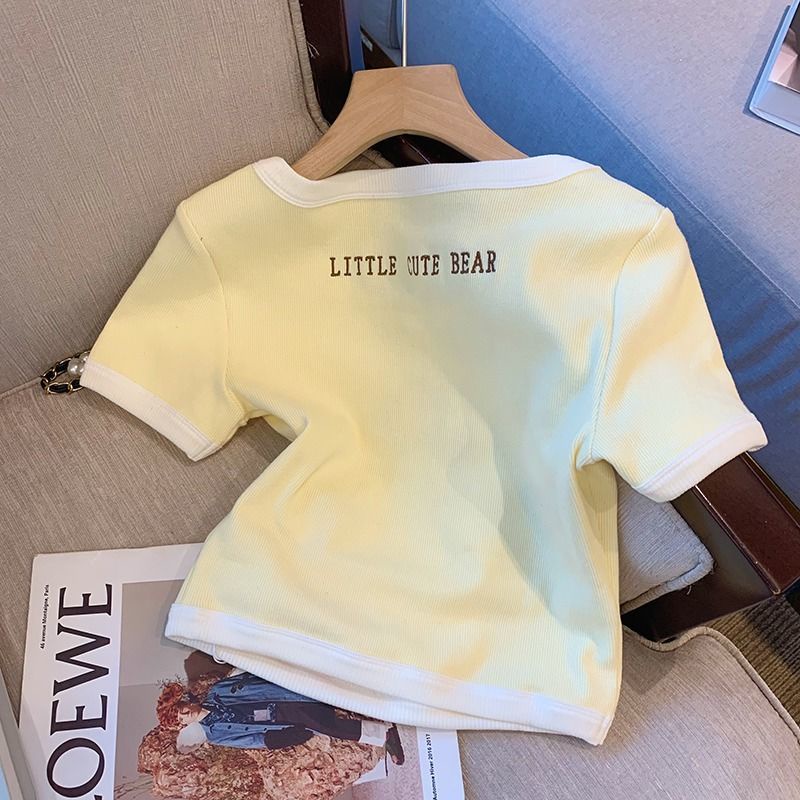 Áo Thun Tay Ngắn Cổ Tròn Thêu Họa Tiết Gấu Thời Trang Xuân Hè Phong Cách Hàn Quốc Mới Cho Nữ