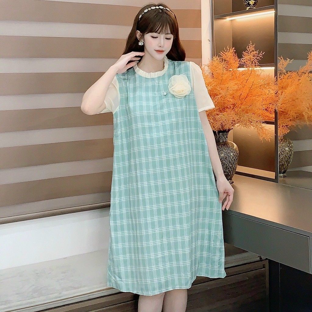 Váy bầu ngắn tay thời trang thiết kế kẻ hoa ngực Mom and baby M529