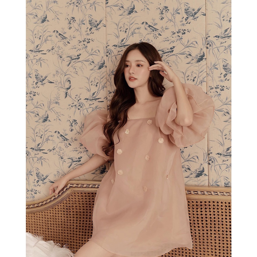 Váy trễ vai tay bồng V2 , đầm sang chảnh 2 lớp, hàng thiết kế đẹp-Lareliastore.