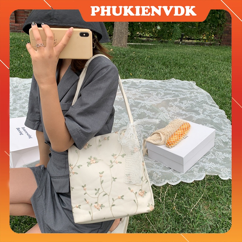 Túi xách nữ túi kẹp nách phối ren hoa đeo vai màu trắng be phong cách Hàn Quốc