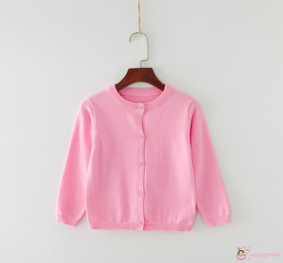 BABYGARDEN-Kids Solid Color Sweater, Long Sleeve Round Collar Button Open Front Knitwear Coat, Pink/ Grey/ Black/ Blue