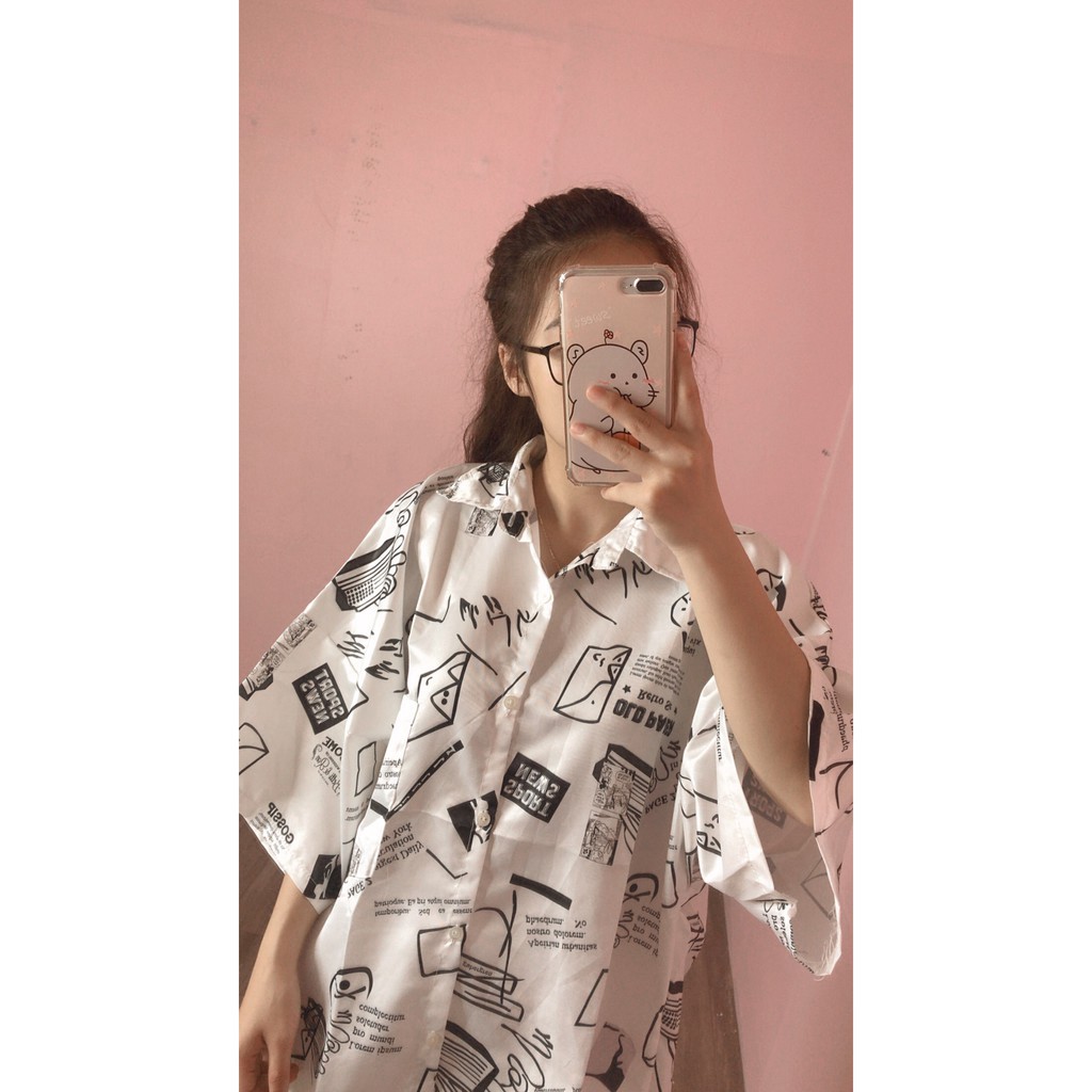 Áo sơ mi in hình học cổ bẻ tay lỡ unisex phom thụng ulzzang
