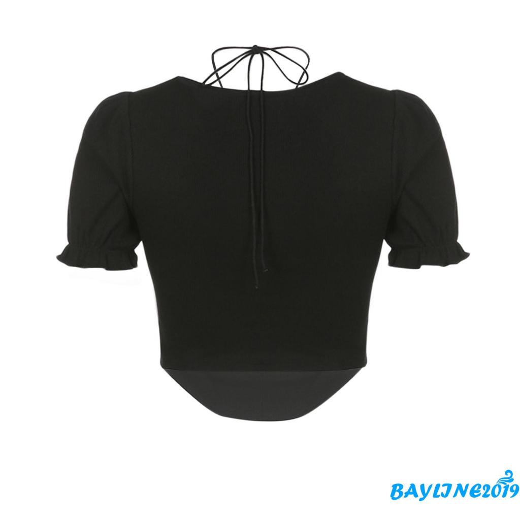 Áo Thun Tay Ngắn Phồng Cổ Yếm Màu Sắc Tương Phản Thời Trang Mùa Hè Dành Cho Nữ