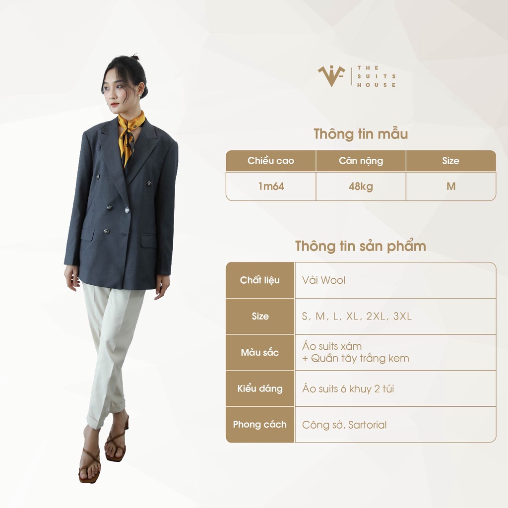 Bộ vest nữ xám phối trắng kem 2 túi 6 khuy, suits sartorial chất cotton The Suits House