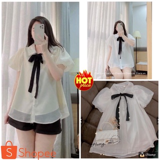 Áo sơ mi tiểu thư tay bồng có dây thắt nơ vải voan siêu hot