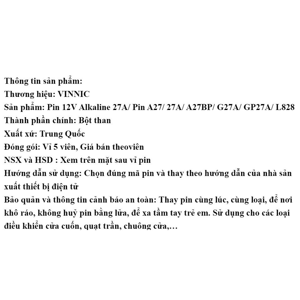 Pin Pin12V 27A VINNIC 27A/ Pin A27/ 27A/ A27BP/ G27A/ GP27A/ L828 Dùng Cho Remote ô tô, cửa cuốn, chuông cửa...