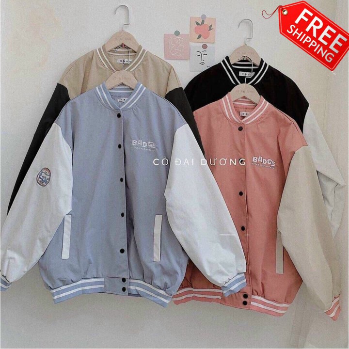 Khoác Dù Bomber Nút Bấm Thêu Chữ BADGE Phối 2 Màu form rộng độc đáo, thời trang nam nữ cá tính, năng động
