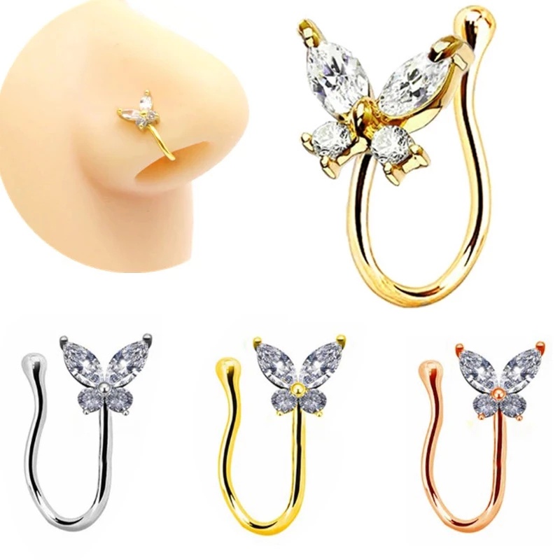 Khuyên đeo mũi hình bướm có đính đá thời trang mới 2022