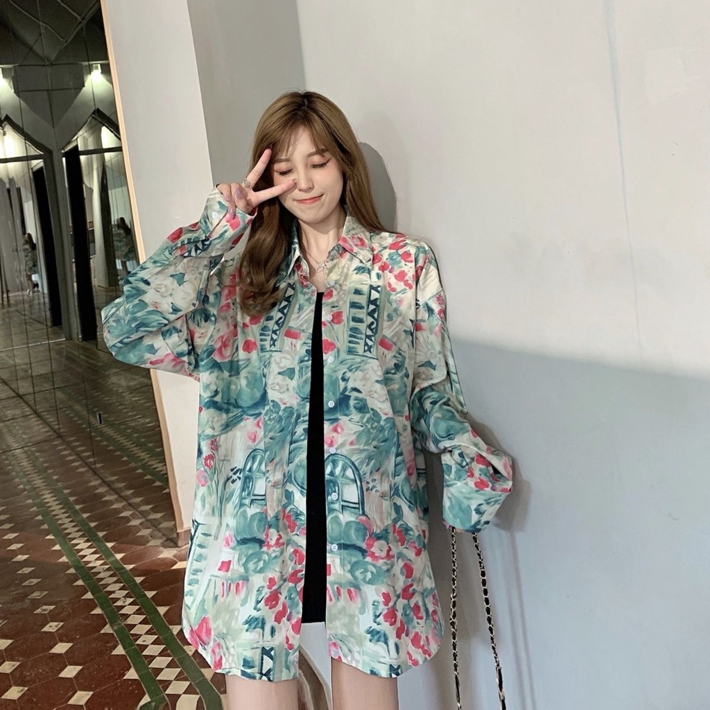 Áo Sơ Mi Nữ Tay Dài Dáng Rộng In Họa Tiết Phong Cách Hàn Quốc