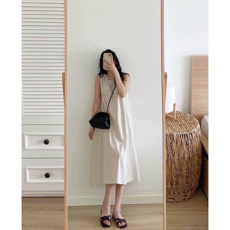 ĐẦM BẦU-Váy đũi lụa trơn sát nách dáng xoè dài 1m05 không may túi