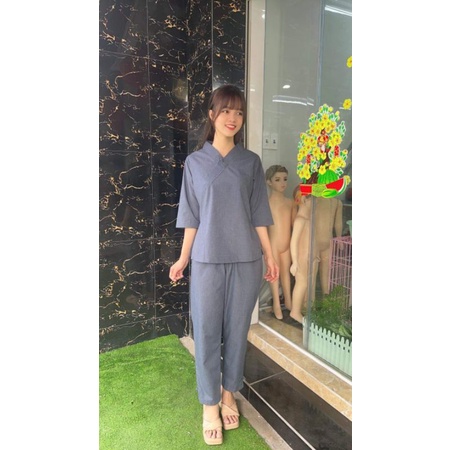 Bộ nữ đi chùa 1 nút kate không thêu.