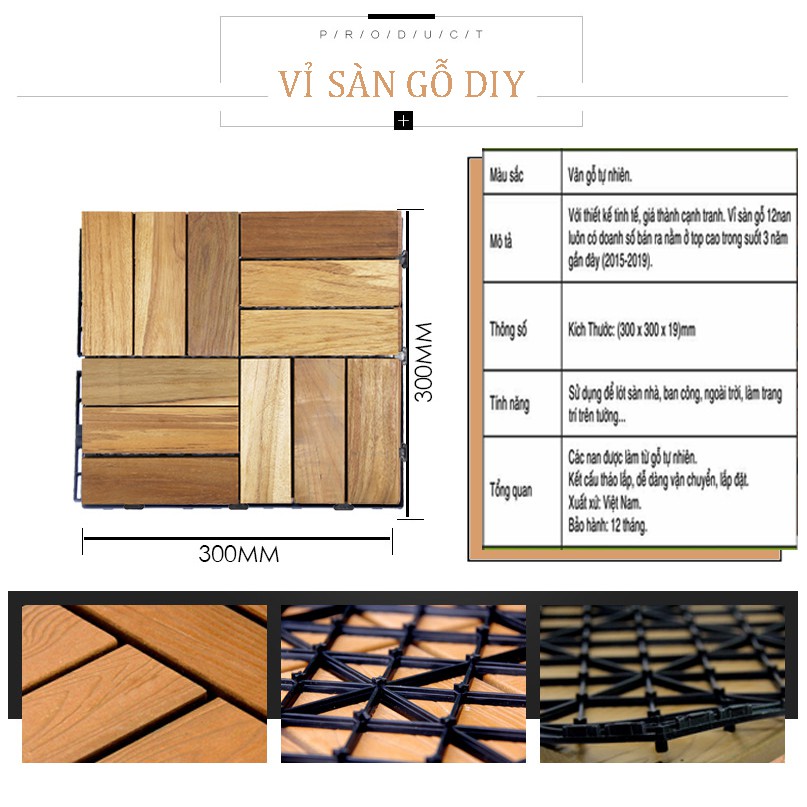 Sàn gỗ lót nền ban công 30x30x2cm phòng khách, Lót sàn nhà tắm, sân vườn, chống nóng sân thượng