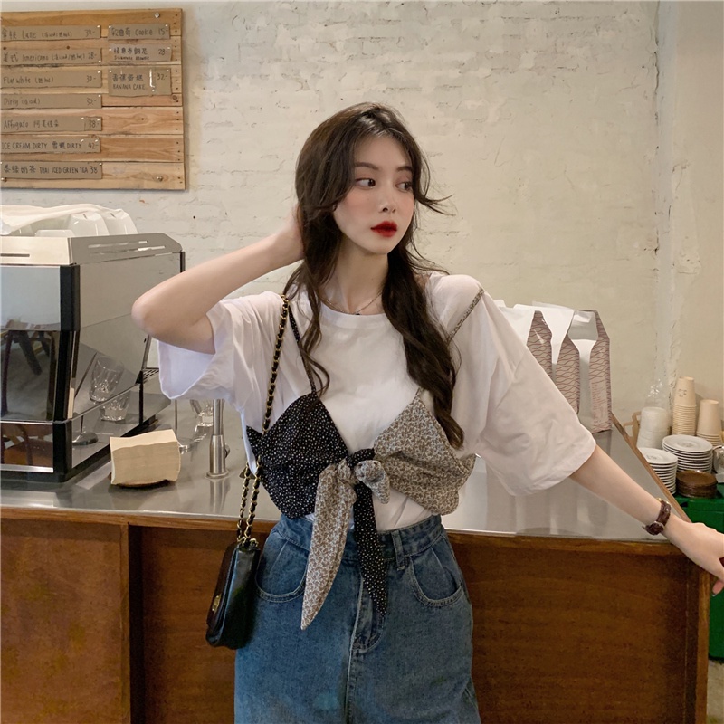 SUXI Áo Thun Ngắn Tay Cổ Tròn Phối Nơ Màu Tương Phản Thời Trang Dành Cho Nữ