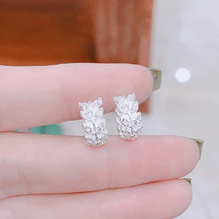 Khuyên tai bạc khuyên tròn sát tai vòng hình lá đính đá thanh lịch van jewelry V10024