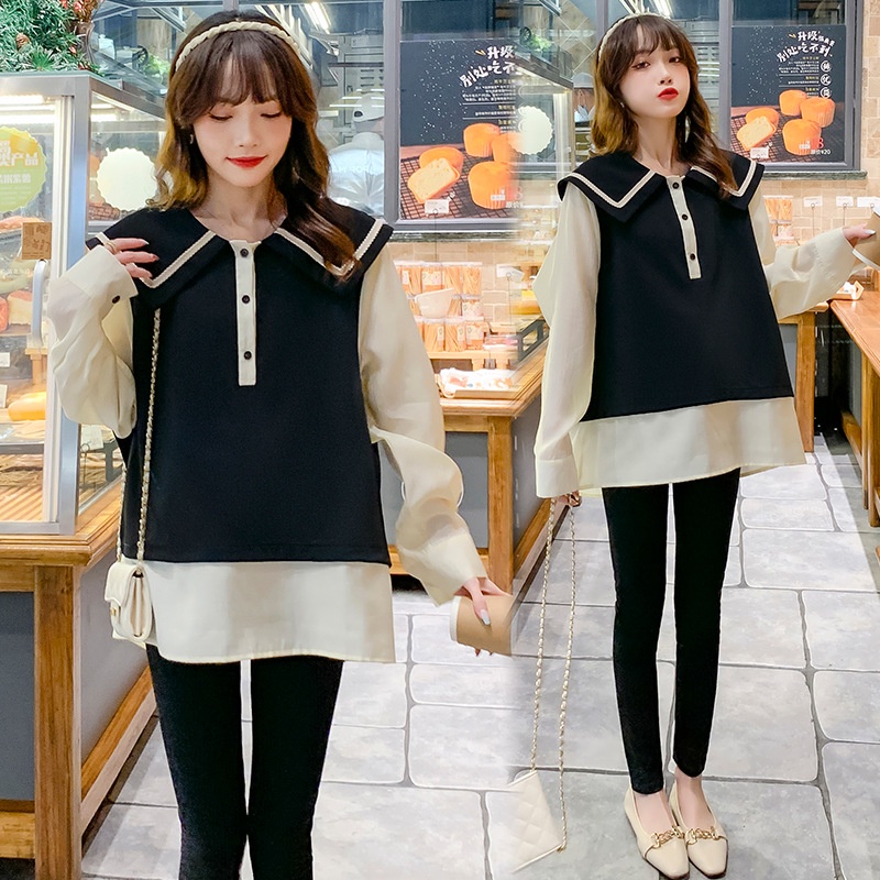 Quần Áo Bầu Thu Đông, Phong Cách Hàn Quốc Siêu Xinh, cổ vintage phối viền