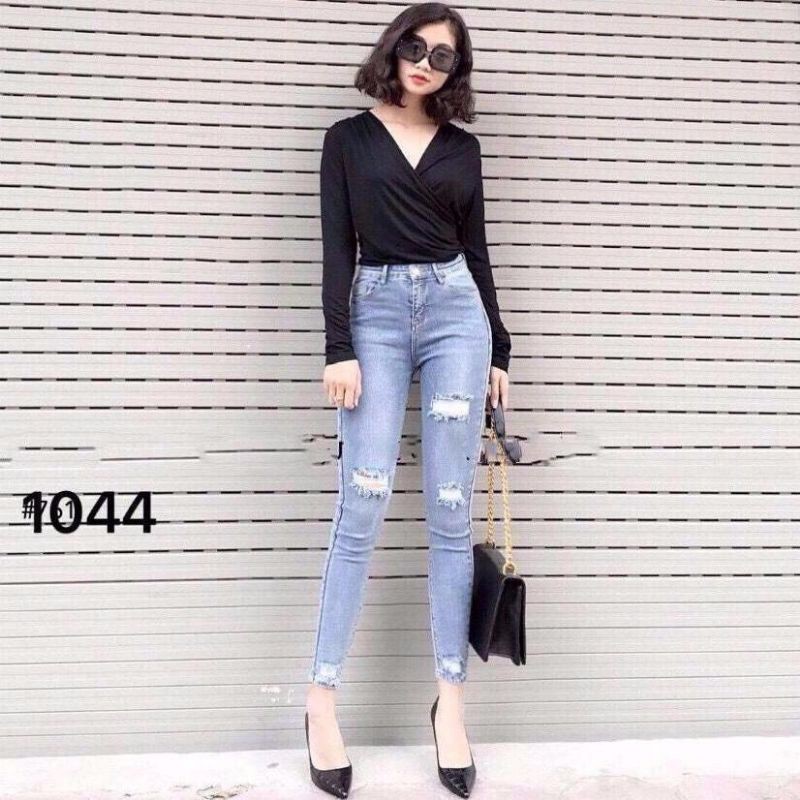 Quần jean nữ Trơn rách Size 26_35 Lưng cao Co giãn