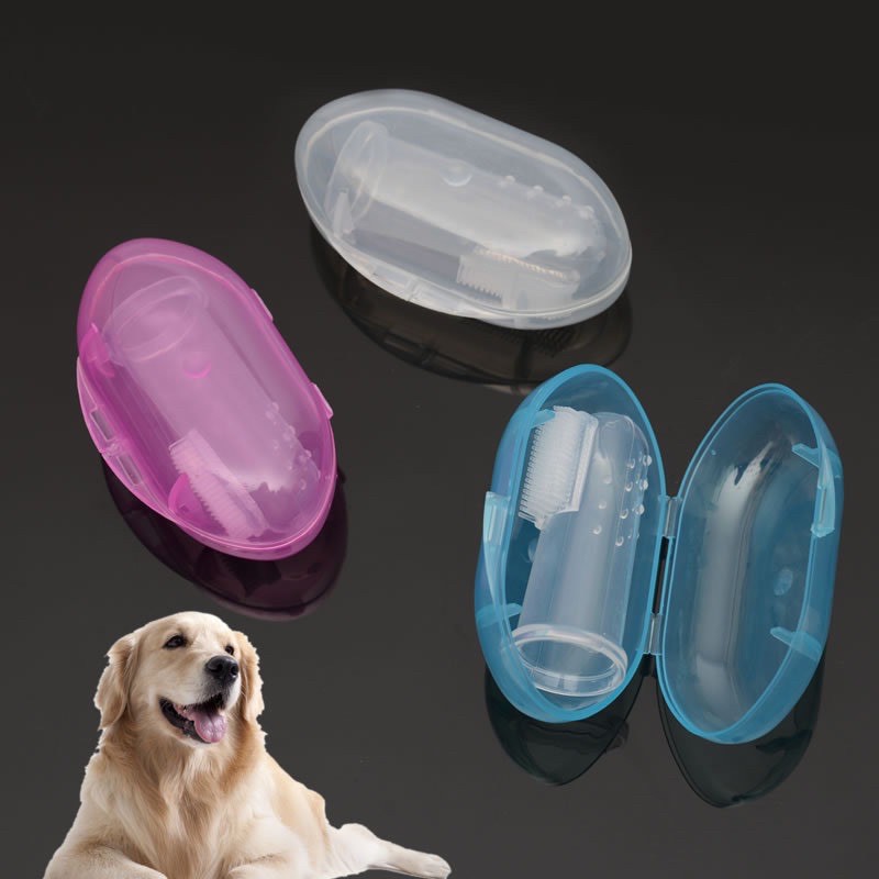 Bàn chải đánh răng cho thú cưng đeo tay chất liệu silicon an toàn kèm hộp. Dụng cụ vệ sinh răng miệng cho chó mèo