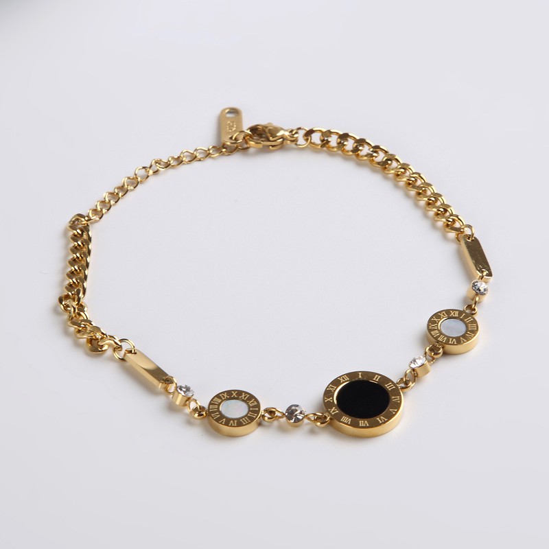 Vòng tay thép titan 316L mạ vàng hồng 18k mặt tròn màu trắng đen chống nước không phai màu rr cho nữ