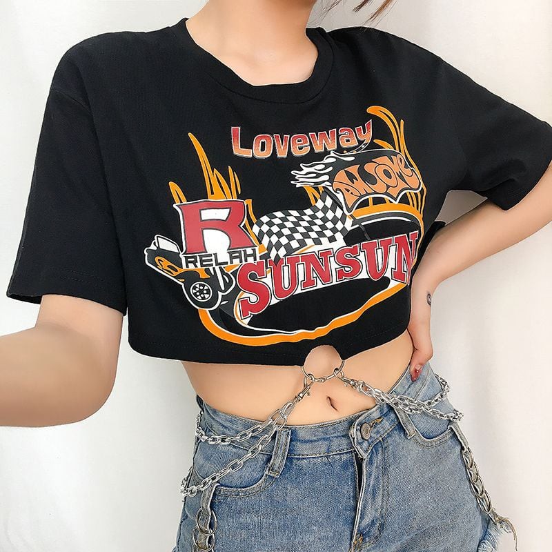 Áo thun croptop cộc tay đen phối xích freesize phong cách Âu Mỹ năng động cá tính Freesize <55kg