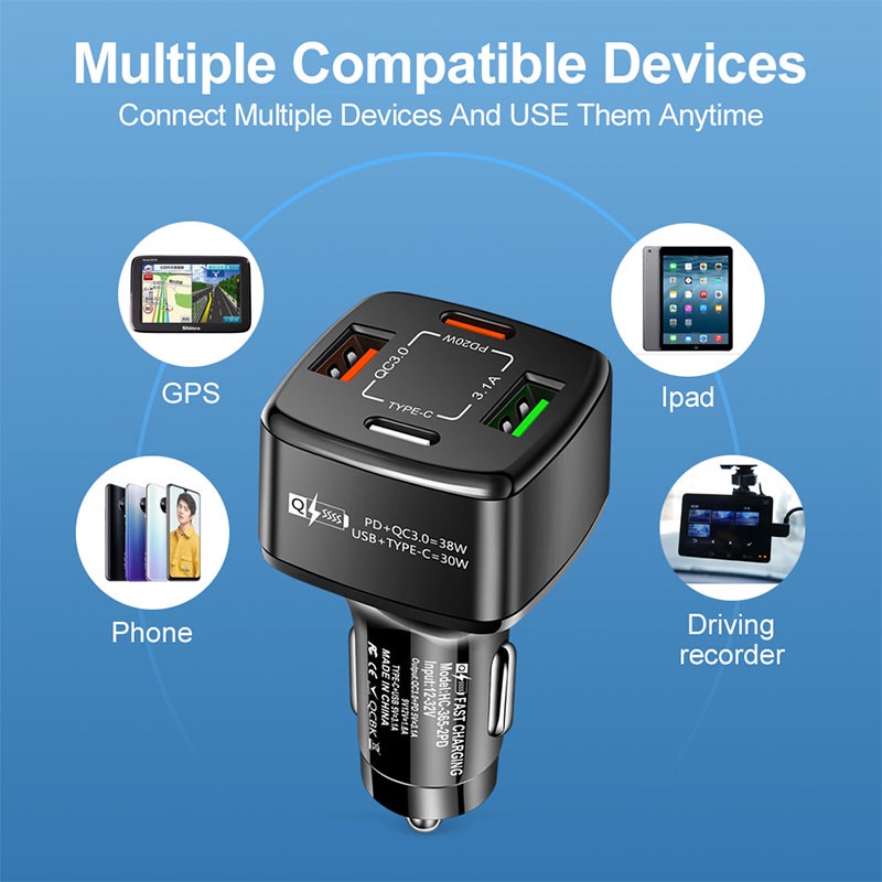 Bộ sạc nhanh BLALION 12v 24v cổng USB gắn xe hơi thích hợp cho điện thoại DVR Ipad QC3.0 PD 20W Type C