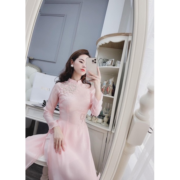 Áo Dài Kết Nơ Màu Hồng Dâu Siêu Xinh_Áo Dài 4 Tà Voan Tơ Óng Sang Xịn.