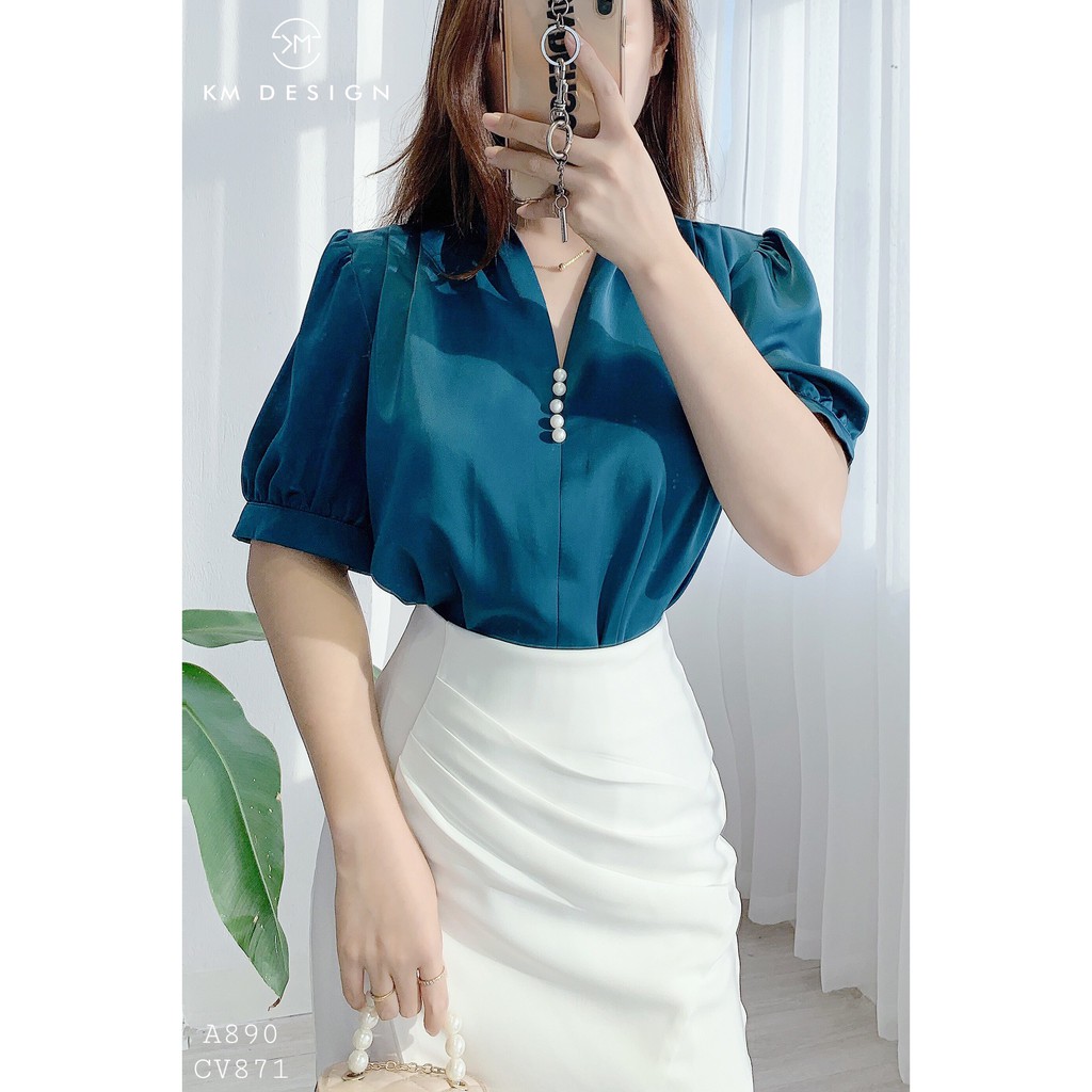 Áo sơ mi nữ cổ đính ngọc ngắn tay, áo cộc tay cổ V công sở A890 KYMIE
