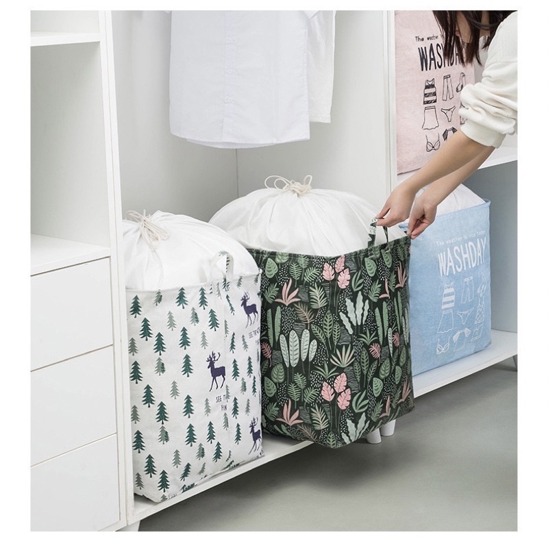 Giỏ đựng quần áo bằng vải cỡ lớn 100 lít có dây rút, hoạ tiết vintage xinh xắn - Túi đựng chăn màn đa năng gấp gọn