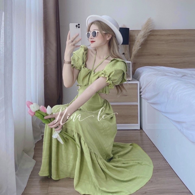 Đầm maxi xanh cutout lưng tay tiên viền bèo màu trắng/xanh lá/xanh dương NÀNG CLOSET