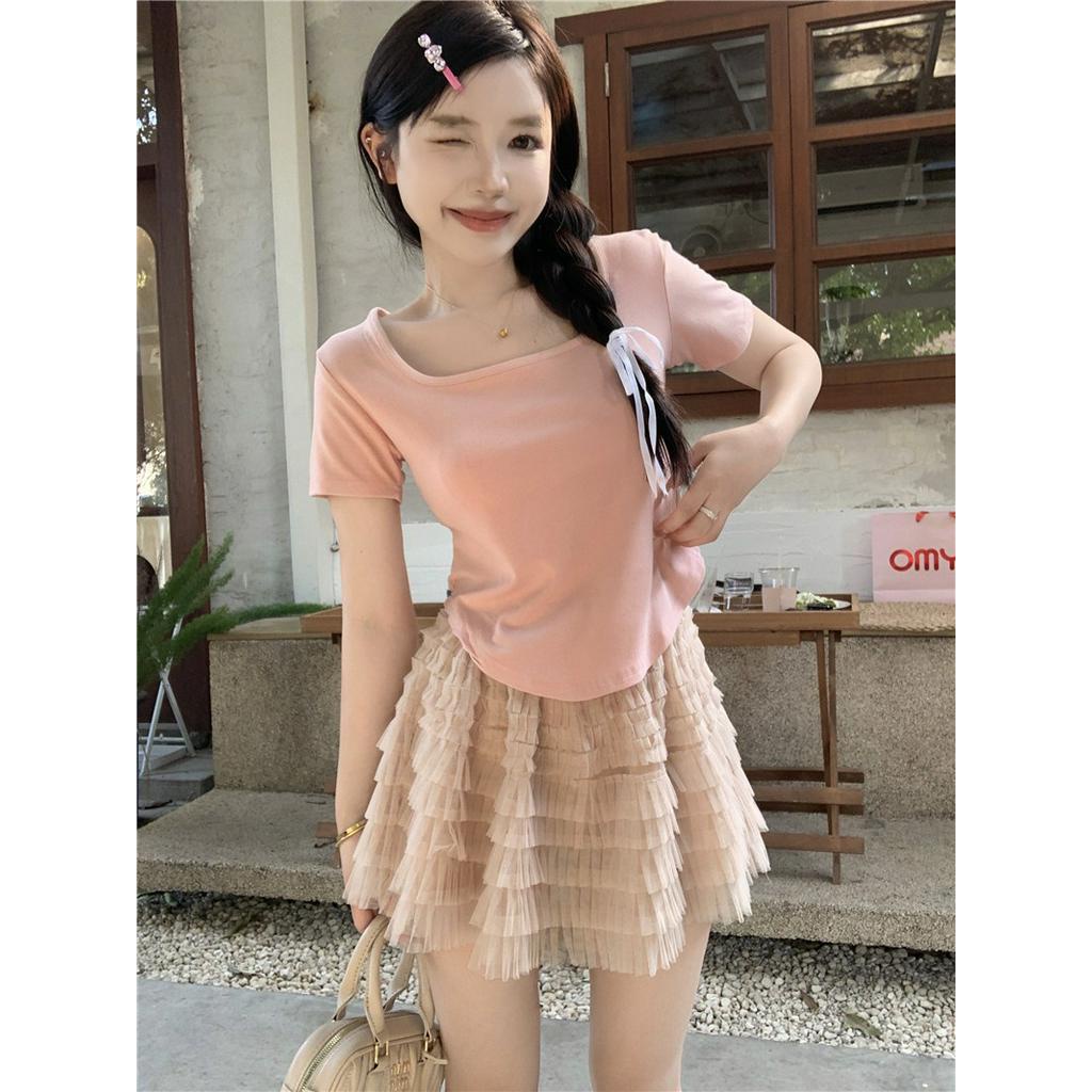 Áo Thun Cổ Vuông Ngắn Tay Phong Cách Hàn Quốc Cá Tính 62376