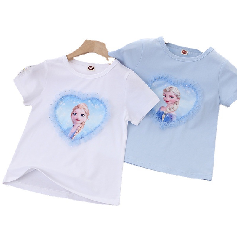 DISNEY Áo Thun Cotton Tay Ngắn Phối Ren Hình Công Chúa Băng Giá Elsa Dành Cho Bé Gái 2022 Mới 1-8 Tuổi