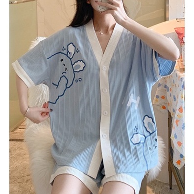 HÀNG SẴN_Bộ Ngủ Pyjama Cotton Kiểu Cổ Yukata Korea Style Mùa Hè 2021