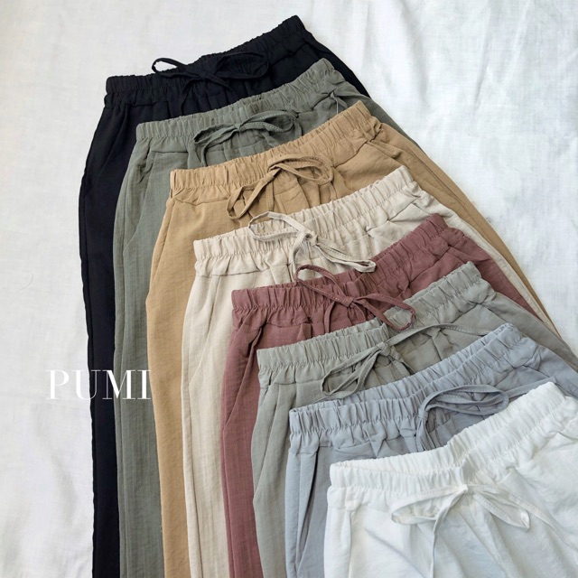 Quần nữ lưng thun ống rộng dây cột eo vải đũi nhiều màu from lửng freesize Pumi