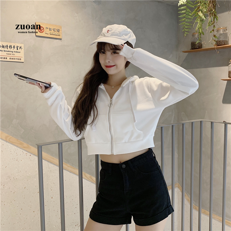 SUXI Áo khoác sweater ngắn mỏng dáng rộng phối khóa kéo phong cách mùa thu cá tính cho nữ