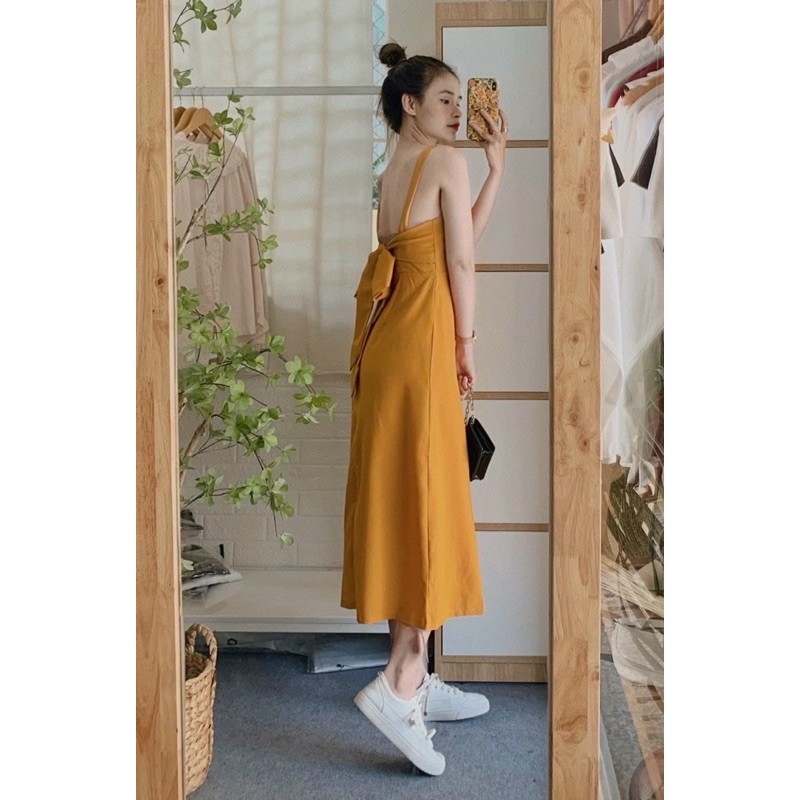 Đầm maxi 2 dây vàng du lịch siêu xinh- FREESHIP-TẶNG KÈM QUÀ- đầm midi dài cột nơ lưng siêu phẩm du lịch biển 2021