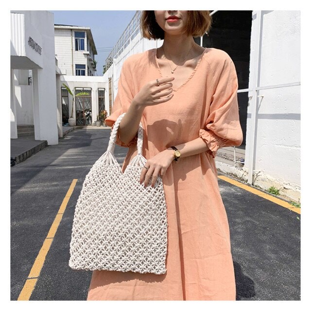 Túi lưới cá đeo vai đi biển - Macrame dây ngắn - size M