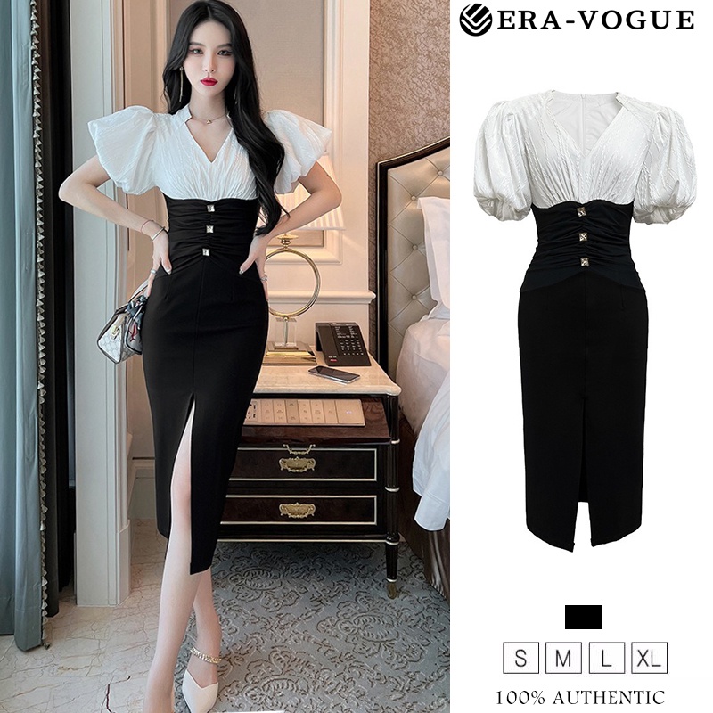 EraVogue Đầm Tay Phồng Cổ Chữ V Màu Thời Trang Mùa Hè Cho Nữ 10054