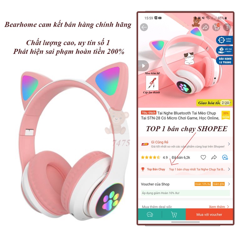 Tai Nghe Mèo Bluetooth P47M, chụp Tai STN28, Có Mic, Âm Bass Mạnh Mẽ Nghe Nhạc, Chơi Game. Học Onlie Cực thích, hay