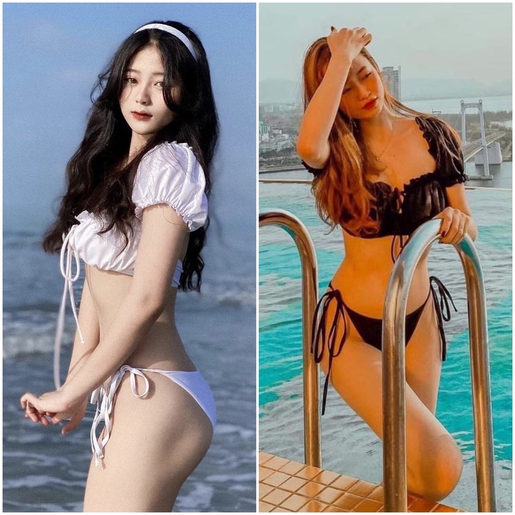 Bikini nữ 2 mảnh tay cộc trễ vai bèo quần tam giác và cạp cao R08