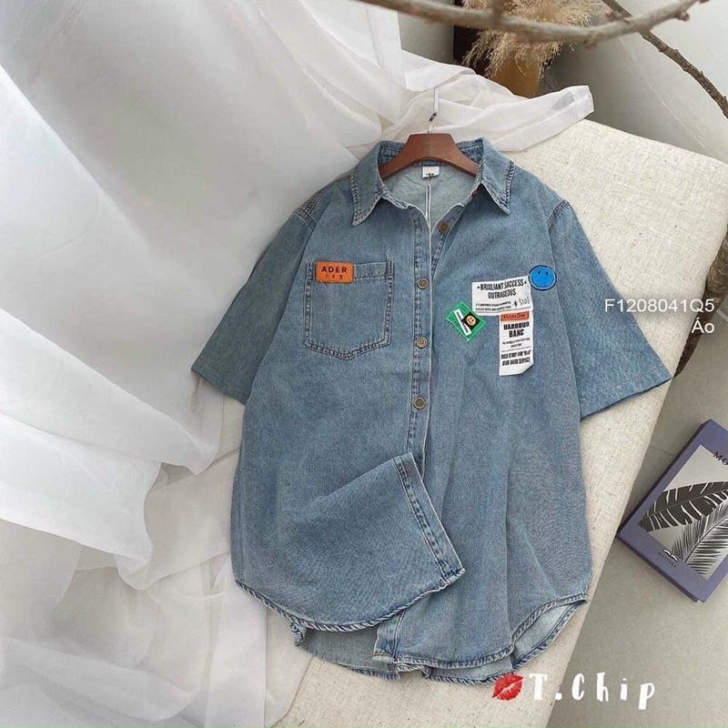 Áo sơ mi jean tay ngắn mặt cười xanh dương s TT3107