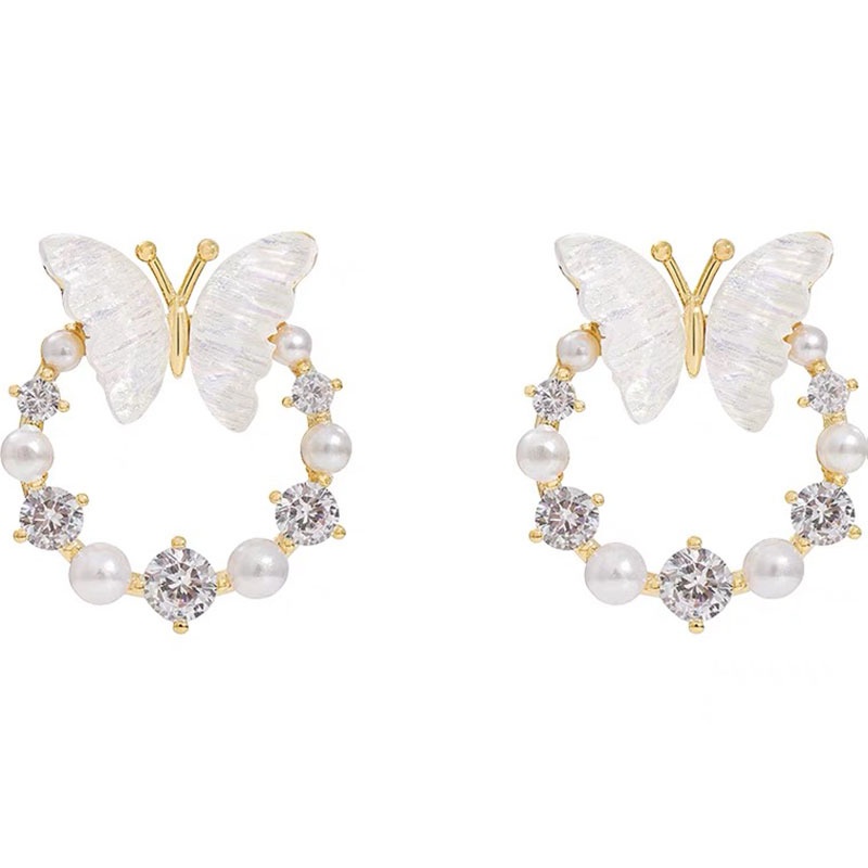 Bông Tai Mạ Bạc 925 Hình Tròn Đính Bướm Kiểu Hàn Quốc Thời Trang 2022