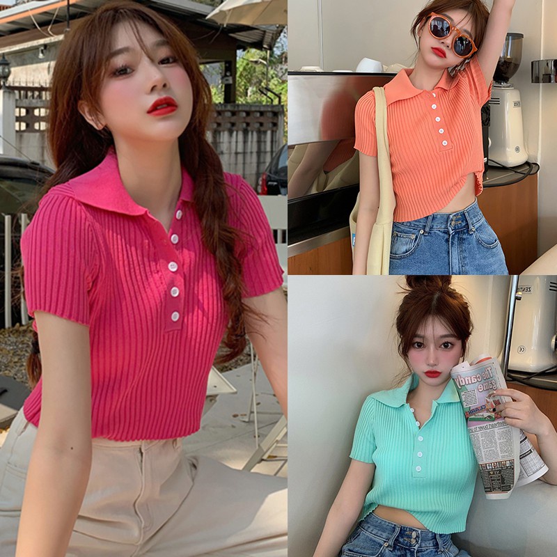 Áo Thun Dệt Kim Ngắn Tay Cổ Bẻ Màu Trơn Thời Trang Cho Nữ