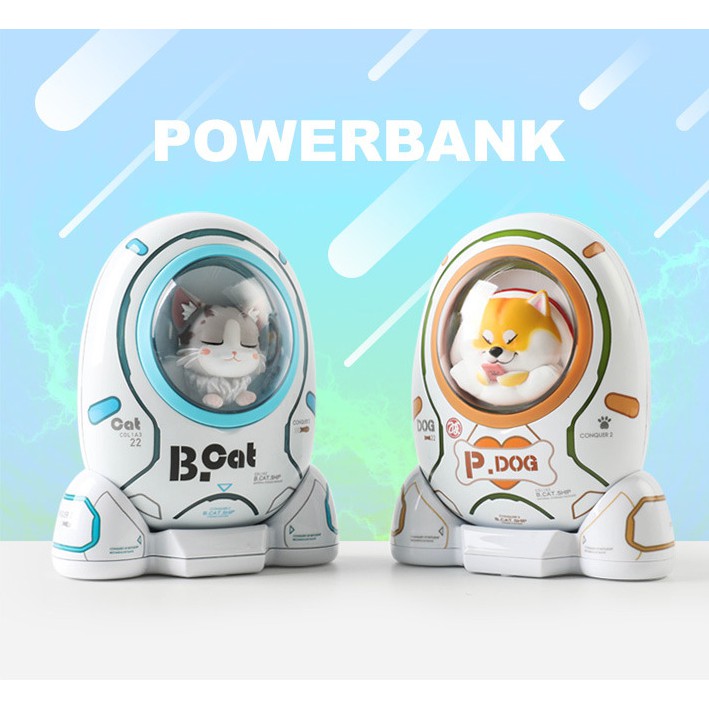 Sạc dự phòng hình chú cún shiba inu / mèo trong phi thuyền vũ trụ 2D đáng yêu
