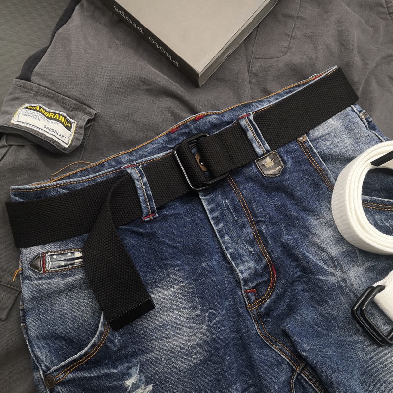 Thắt Lưng Vải Canvas Hai Khóa Cài Màu Trắng / Đen Đơn Giản Dễ Phối Đồ Thời Trang Cho Nam Và Nữ