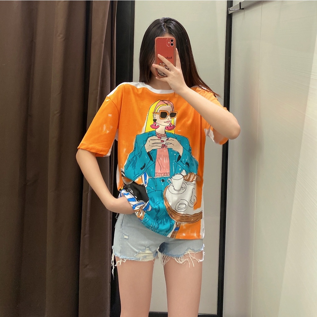 Áo Thun Tay Ngắn Cổ Tròn Dáng Rộng In Hình Cô Gái Uống Trà Chiều Thời Trang Mùa Hè Zara 221131823 Bán Buôn