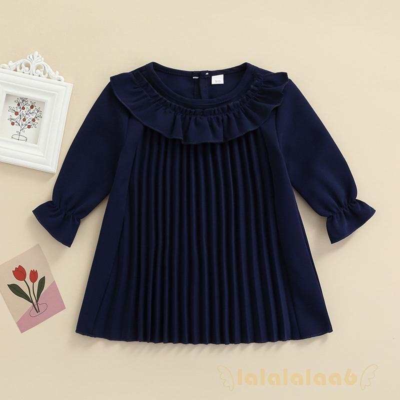 LAA6-Đầm dài tay ống loe xếp ly cổ tròn dáng rộng thiết kế giản dị dành cho bé gái