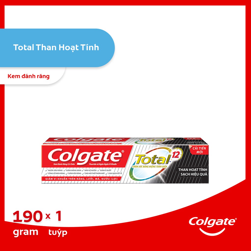 Kem đánh răng Colgate Total than hoạt tính bảo vệ toàn diện 190g/hộp