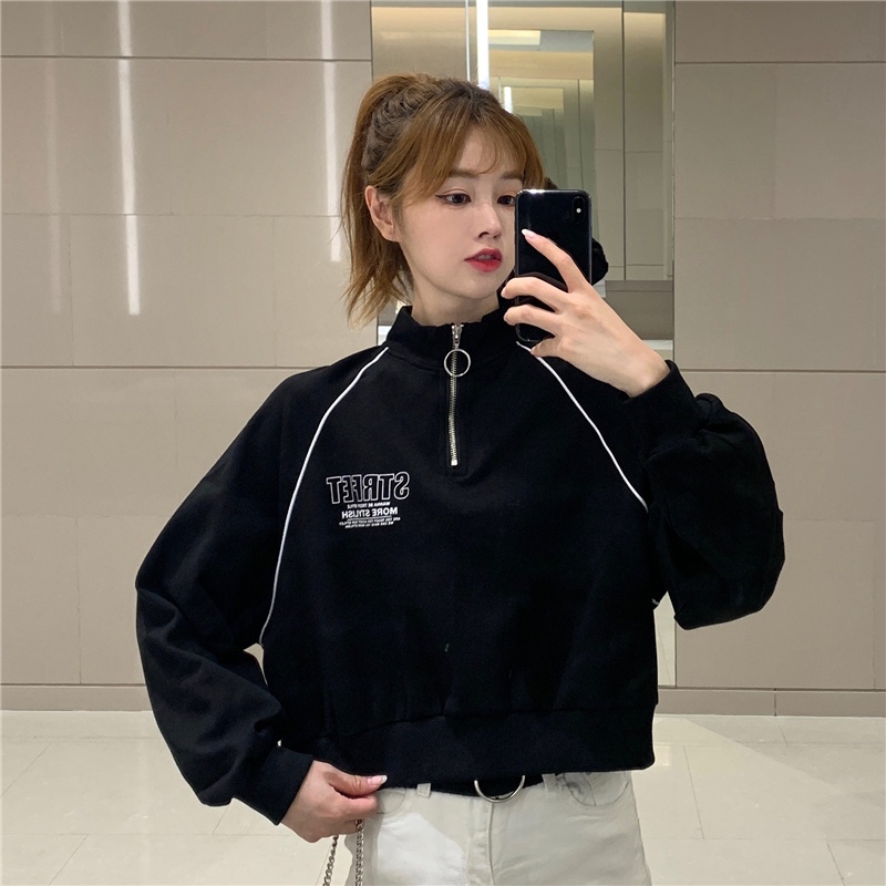 Áo nỉ nữ SUXI dài tay cổ tròn phối khóa kéo thời trang Hàn