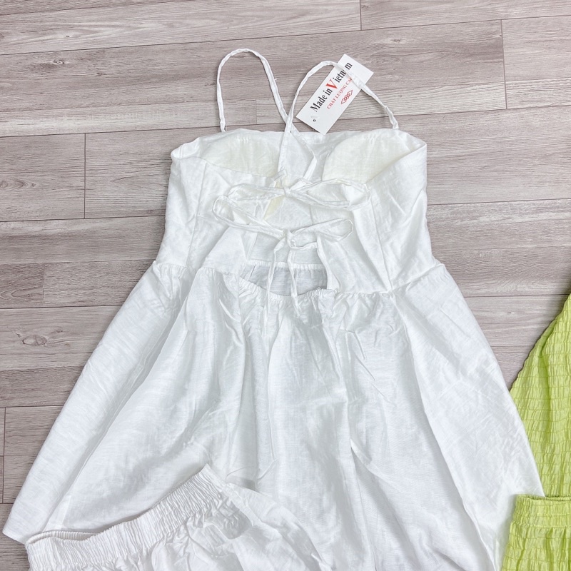 Set áo 2 dây hở lưng có đệm ngực lót mix quần sooc dáng váy babydoll quần đùi chất đũi tơ xước