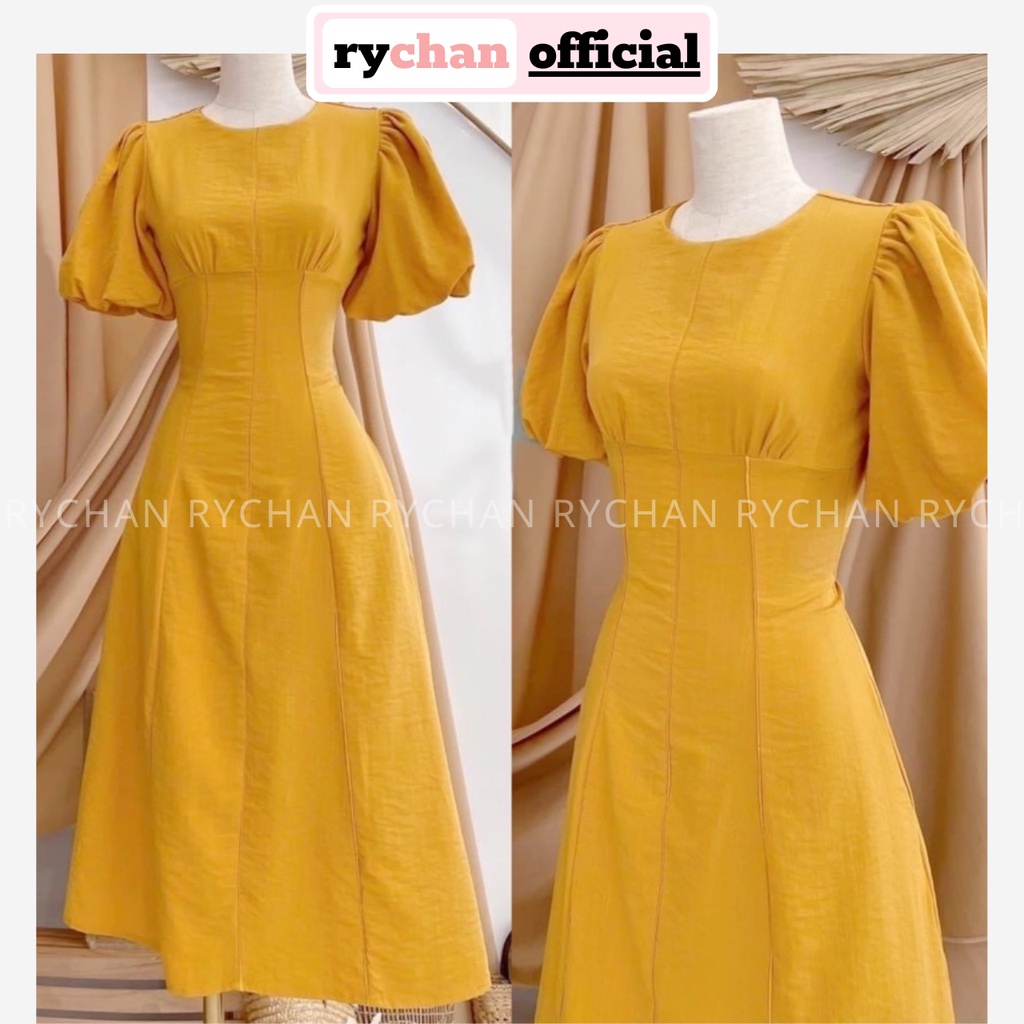 Đầm Midi Dáng Xoè Tay Bồng Phối Viền Đẹp Xuất Sắc [Ảnh Thật Cuối] Đi Tiệc Đi Làm Dài Qua Gối Màu Vàng Nude Be - DX777