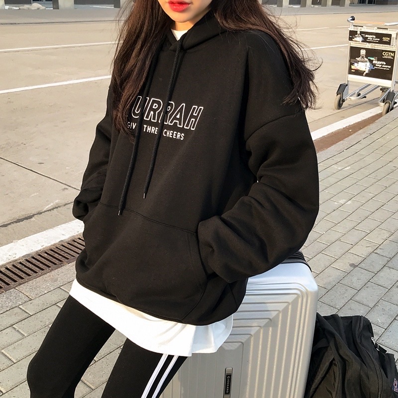 Áo khoác hoodie nỉ bông mũ 2 lớp dây rút có túi tay bồng in chữ HURAH